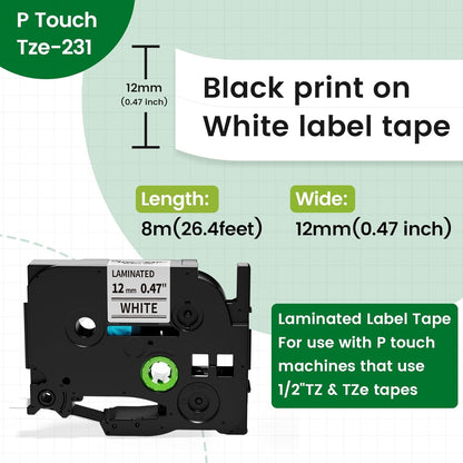 Label Maker Tape Replace for Brother P Touch Label Tape TZe-231 12mm 0.47 Laminated White TZe TZ 231 Refills Replacement for Brother Label Maker PTouch PTH-110 111 D220 D210 D410,8 pk