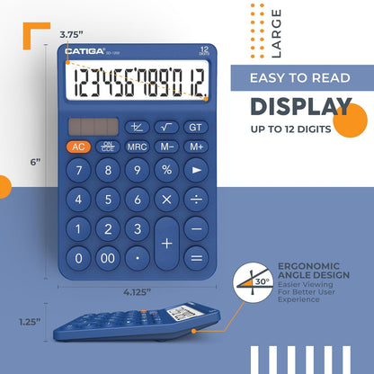 CATIGA 12 Digit Desktop Calculator Basic Desk Calculator with Large LCD Display, Big Buttons, 4 Function, Solar and Battery Dual Power, for Office, School, Home, SD-1292 Navy Blue