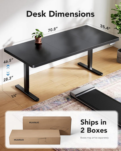 HUANUO Electric Standing Desk, 71 x 35 inch Large Height Adjustable Table, Powerful Brushless Motor, 4 Memory Preset, Sit Stand Up Desk, Home Office Computer Table with Thick T-Shaped Frame