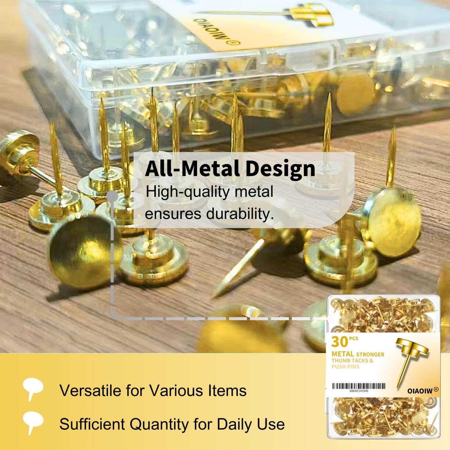 30 PCS Metal Gold Push Pins for Wall Clear Thumb Tacks for Walls Flat thumbtacks Push pin for Bulletin Board Shadow Box Display Thumbtack for Cork Board (Gold)