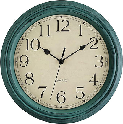 Foxtop Retro Silent Non-Ticking Round Classic Clock 12 Inch Quartz Decorative Battery Operated Wall Clock for Living Room Kitchen Home Office (Turquoise)