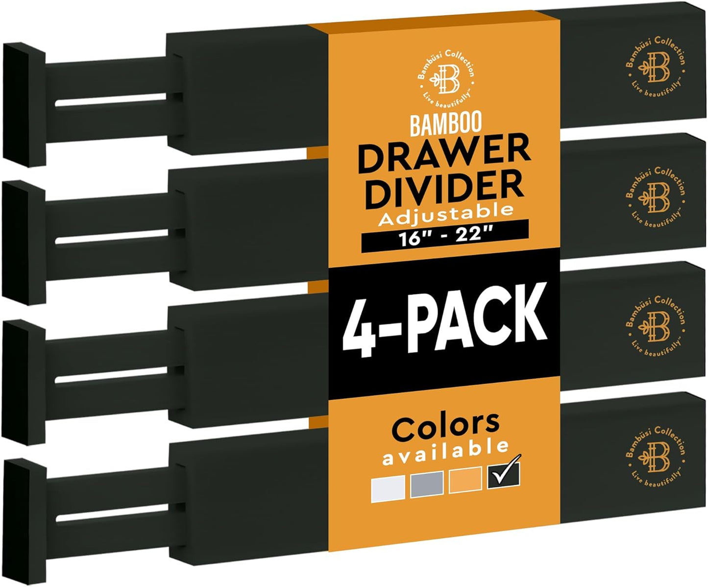4 Pack Drawer Dividers Bamboo 2.6" High, 16-22" Adjustable Drawer Organizers for Clothes, Expandable Dresser Separators in Bedroom/Bathroom/Kitchen/Office Organization and Storage (Black)