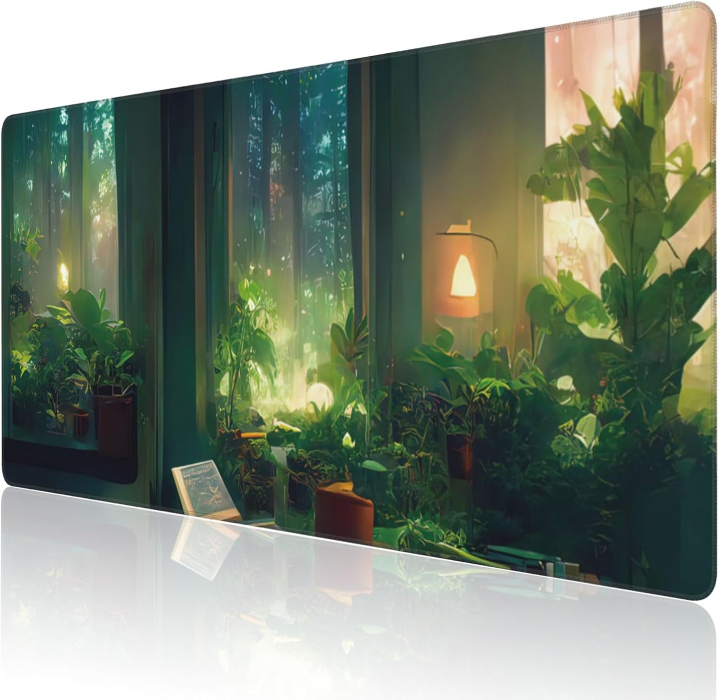 Desk Mat, Cute Lofi Green Extended Large Gaming Mouse Pad XXL, Non-Slip Rubber Base Stitched Edges Waterproof Long Computer Keyboard Desk Pad Mouse Mat for Home Office Gaming 35.4"X15.7"