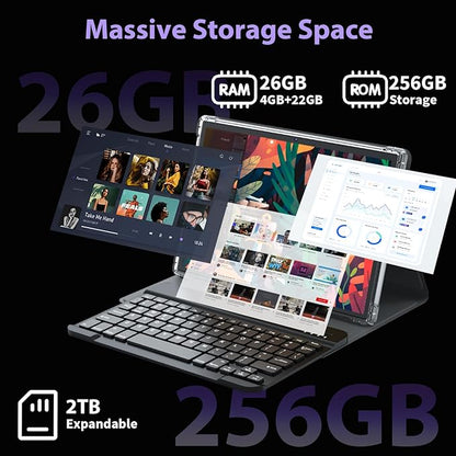 Android 15 Tablet with Keyboard - 26GB+256GB+2TB Expand, Octa-Core, 2.4G/5G Wifi, 8000mAh Battery, Widevine L1, Dual Camera, Face Unlock, 10 Inch 2 in 1 Tablets with Mouse, Stylus (Silver Case)