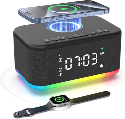 Alarm Clock Speaker Wireless Charger, Digital Alarm Clocks Bedrooms Bluetooth, Alarm Clock Dimmable Light Bedrooms Bluetooth Speaker Dual Alarm Snooze 12/24H Dimmer Support USB AUX, Black