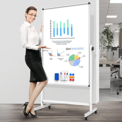 Rolling Whiteboard, Double Sided Magnetic Dry Erase Board Height Adjustable Whiteboard with Stand for Home Office Classroom (48" x 32")