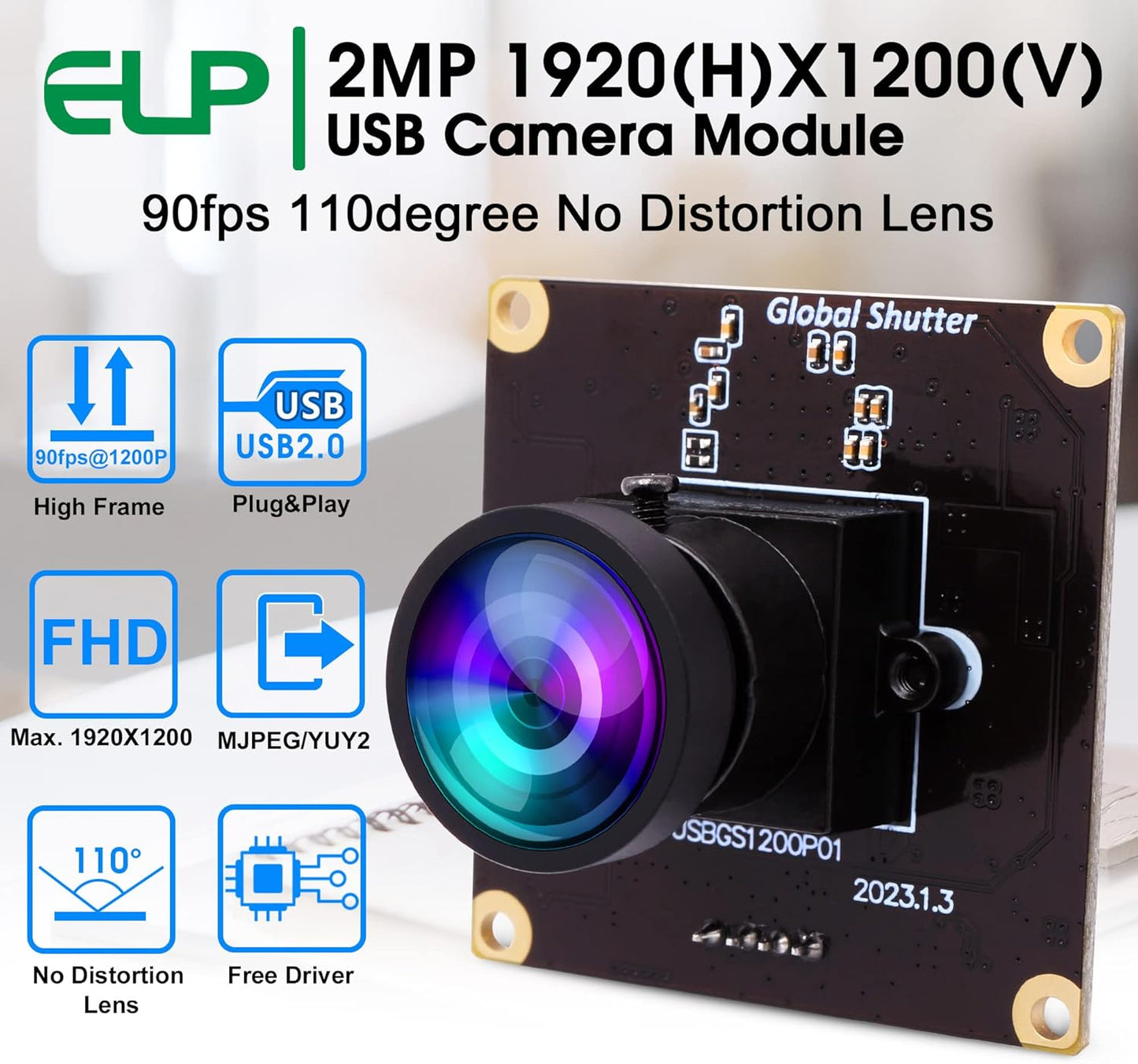 ELP High Speed Wide Angle Global Shutter USB Camera Module for Computer 1080P Mini UVC USB2.0 Webcam Board with 110degree No Distortion Lens AR0234 High Frame 90fps Web PC Camera Board for Laptop