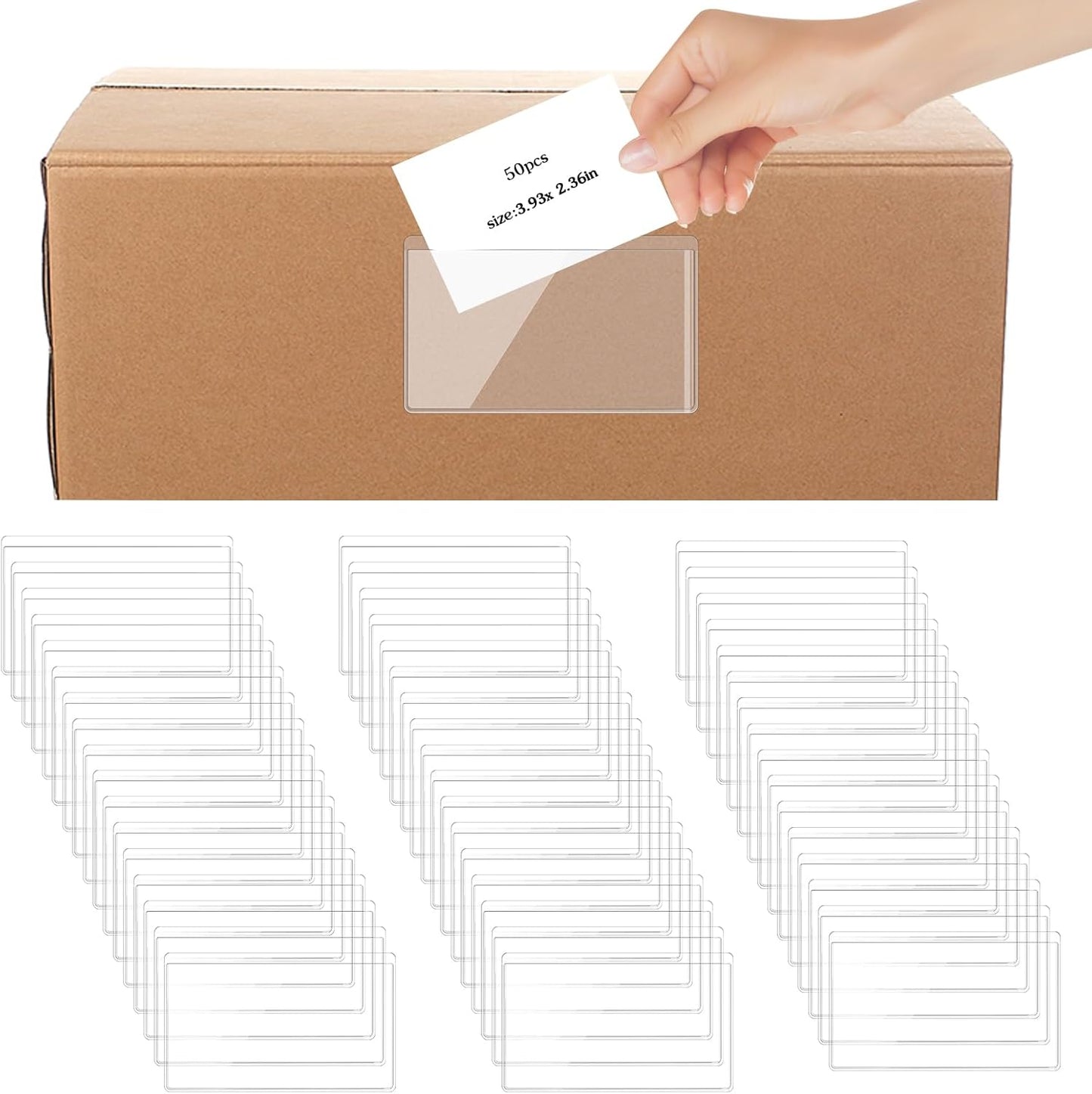 50 Pack Clear Adhesive Pockets Self Adhesive Index Card Pockets with Top Open Plastic Label Holders for Storage Bins Waterproof Business Card Sleeve Label Pockets for Planners Index Cards(3.93x2.36In)