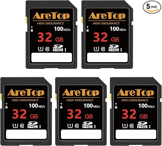 AreTop SD Card 32GB, 5 Pack UHS-I Class 10 SDHC Memory Card, 5 Pack 32GB Full HD Video Secure Digital Cards for Cameras, DSLR, Action Cams and Trail Camera