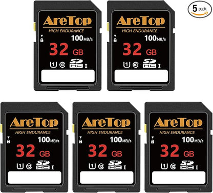 AreTop SD Card 32GB, 5 Pack UHS-I Class 10 SDHC Memory Card, 5 Pack 32GB Full HD Video Secure Digital Cards for Cameras, DSLR, Action Cams and Trail Camera