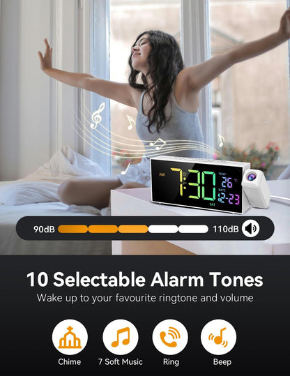 Netzu Projection Clock for Bedroom Ceiling, Alarm Clocks with 180° Rotatable Projector, Date Temperature and Weekday, Manual DST, 5 Brightness, 10 Ringtones, 4 Volumes (White RGB)