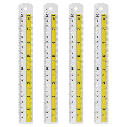 HARFINGTON 4pcs Metal Straight Ruler 20cm Metric SAE Aluminum Alloy Measuring Rulers Scale Tool with Hole for Measure Study Reading Classroom Office, Yellow