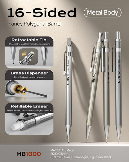 Nicpro 4 Pack Mechanical Pencil 0.5 mm with Case, MB1000 Metal Mechanical Pencil Set with 8 Tube HB #2 Lead Refill 0.5mm, 3PCS 4B Eraser, 9 Cap Eraser for Artist Drafting Writing, Sketching, Drawing