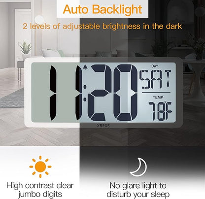 XREXS Large Digital Wall Clock with Backlight, 16.9 Inch Jumbo LCD Screen with Time/Calendar/Temperature Display, Alarm Clocks for Bedroom Home Decor, Count Up & Down Timer (Batteries Included)