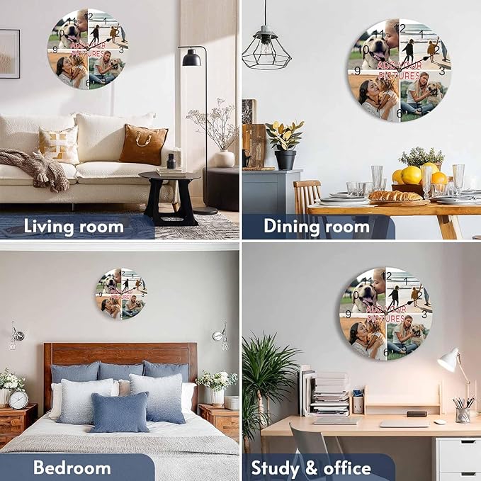 Custom 4 Picture Wall Clock, Personalized Round Clock add Your Photo for Kitchen Bedroom Living Room, Customized Christmas Valentine's Day Gift for Couples, Wife, Husband (10", 12", 14")