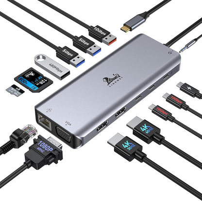USB C Docking Station Dual Monitor for Laptop, LIONWEI 14-in-1 USB-C Hub with Triple Display, 2 HDMI + VGA, Ethernet, 6 USB A/C 3.0/2.0, PD, SD/TF, Audio, USBC Dock for Surface/HP/Dell/Lenovo/MacBook