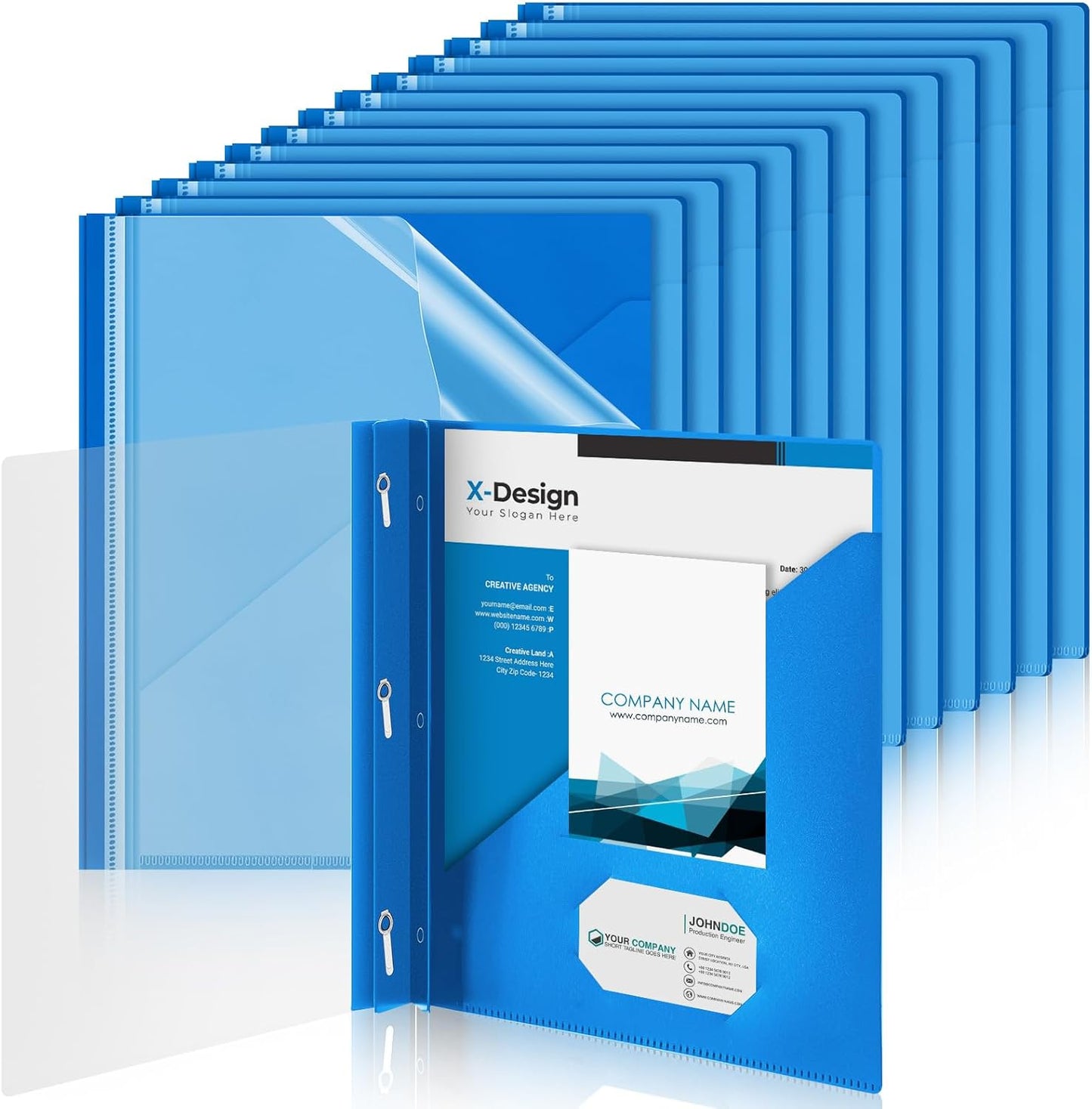 Teling 48 Pcs Clear Front Report Covers with 3 Prongs Fasteners, 11.42 x 9.45 Inch Plastic Book File Covers 90 Sheet Capacity, Presentation Folder with Blue Back Cover for Office Business