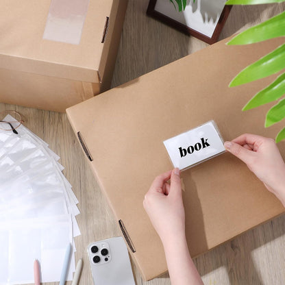 Outus 100 Pcs Clear Self Adhesive Pockets - Bin Labels for Storage Bins, Pocket Label Sleeves, Plastic Index Card Holder with Top Open for Organizing Bins Box Drawer(2 x 3.75, 2 x 1.5 Inch)