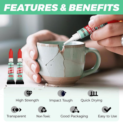 Super Glue Liquid&Gel, Instant Adhesive, Multipack Cyanoacrylate Strong Clear Glue for Shoe Sole Repair Ceramic Plastic Metal Wood Pottery Leather Aquarium Glass, Rubber, Strong Bonding