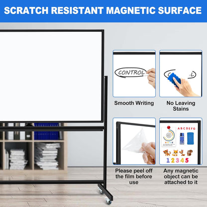 Large Dry Erase White Board with Rolling Stand 72"x48" Double-Sided Mobile Magnetic Whiteboard on Wheels, Including 3 Magnetic Erasers, 7 Markers, 30 Magnets