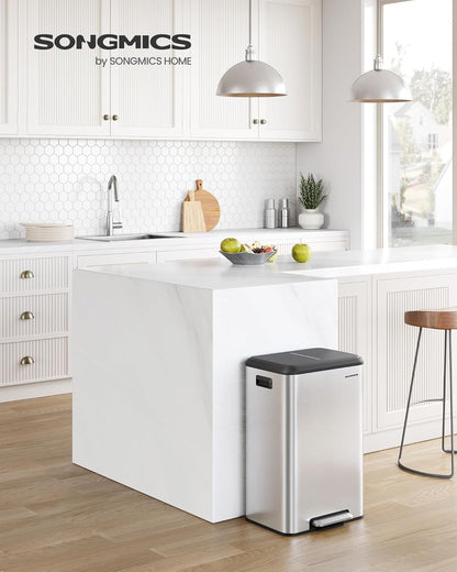 SONGMICS Kitchen Trash Can, 10.5-Gallon (40L) Garbage Can with Lid and Wide Foot Pedal, Soft Close and Stays Open, Silver ULTB541E40