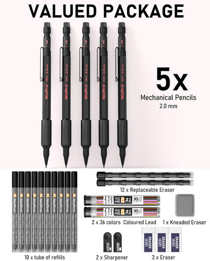 Nicpro 5 Pack 2mm Mechanical Pencils Set with Case, 65 Graphite Lead Refills (6B 4B 2B HB 2H 4H), 72 Colored Lead, Erasers -Weatherproof Metal Barrel, Heavy Duty Carpenter Pencil For Drawing Sketching