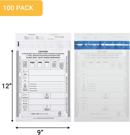 100 Pack 9" x 12" Tamper-Evident Deposit Bags with Security Tape Tamper Evident Security Pocket Bank Deposits Bags