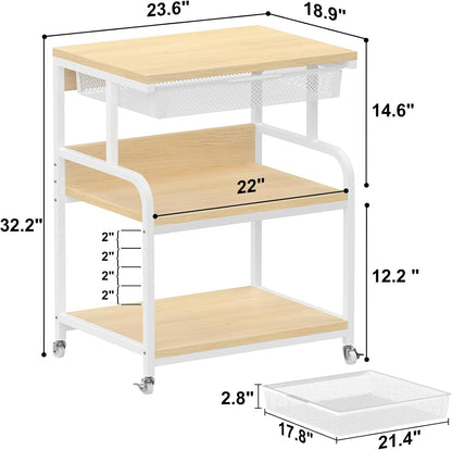 EasyCom Extra Large 3 Tier Printer Table with Wheels, 5-Adjustable Heights, Drawer & Storage for Printer Scanner Fax Home Office Use