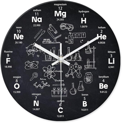 XNM Black Chemical Clock for Classroom Glass Analog Small Science Wall Clocks Battery Operated 12 Inch Round Silent Wall Clock Modern