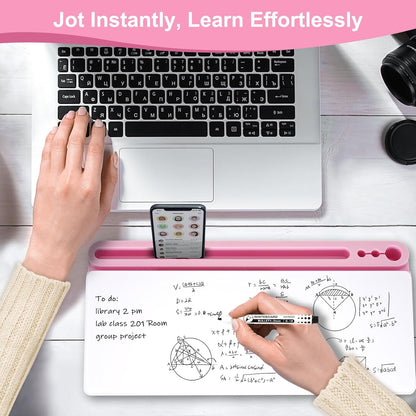 Desktop Glass Whiteboard with Storage, Pink Desk Dry Erase White Board with Computer Keyboard Stand, Desk Organizers and Accessories with Removable Cubicles for Office, Home, College, School