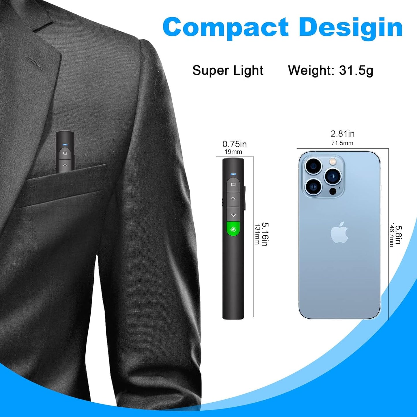 Rechargeable Presentation Clicker Wireless Presenter - Clicker for PowerPoint Presentations, Green Laser Pointer for Presentations RF 2.4GHz Google Slide Advancer for Mac/Computer/Laptop/Keynote