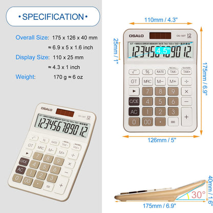 Pendancy 12 Digit Office Calculator Desktop with Tax+/- for Advanced Tax Calculation, Large LCD Display Big Buttons, Dual Power Durable Portable Design, for Financial Accounting Business Use