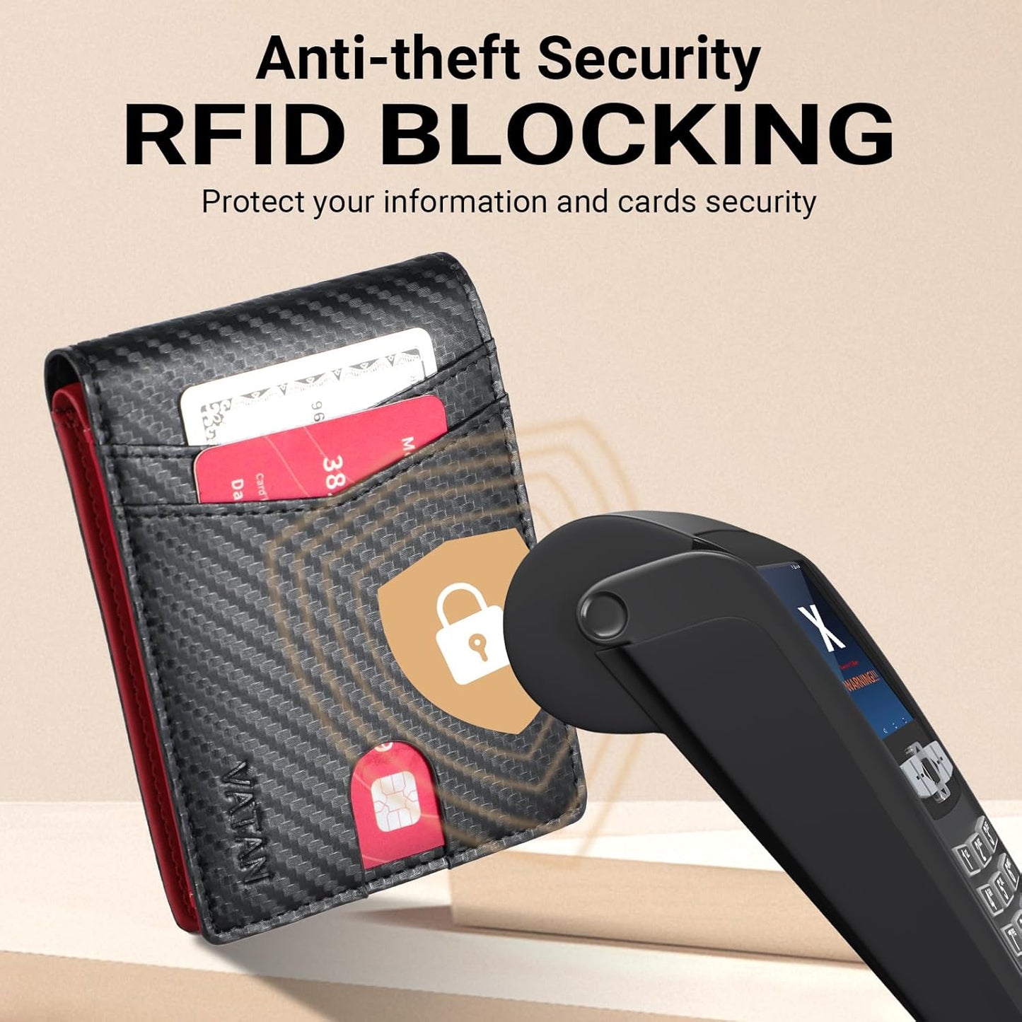 VATAN Wallet for Men, Mens Minimalist Wallet Credit Card Holder, Slim Leather Rfid 2 ID Window Large Capacity With Gift Box (Carbon black and Red)