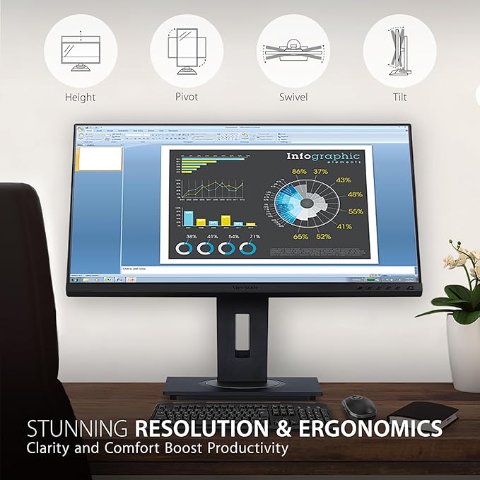 ViewSonic VG2748A 27 Inch IPS 1080p Ergonomic Monitor with Ultra-Thin Bezels, HDMI, DisplayPort, USB, VGA, and 40 Degree Tilt for Home and Office, Black