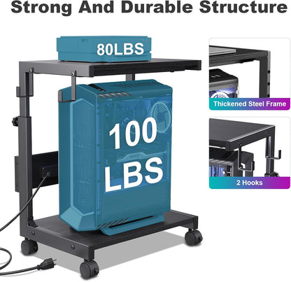 Computer Tower Stand with Charge Station and USB Charging Port - Height Adjustable PC Tower Stand, Under Desk CPU Holder Cart with Locking Caster Wheels for Fits Most PC