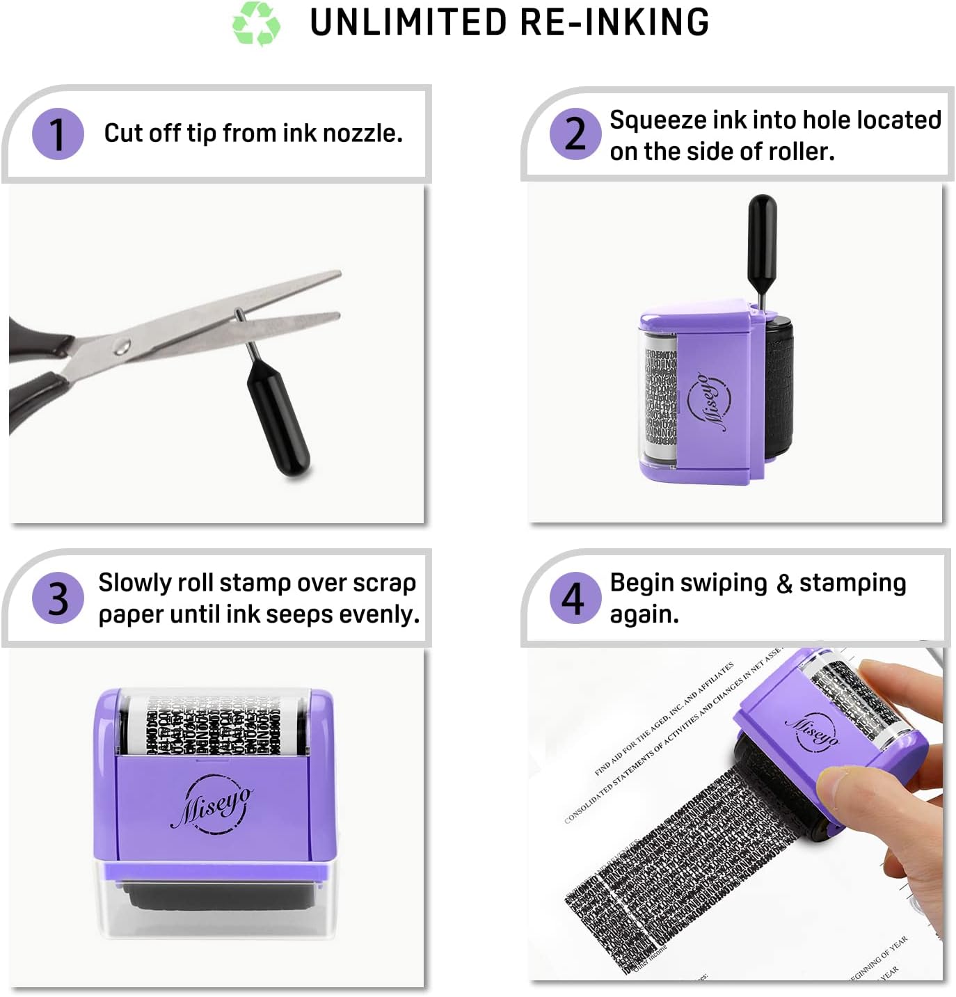 Miseyo Wide Identity Theft Protection Roller Stamp Set - Purple (3 Refill Ink Included)