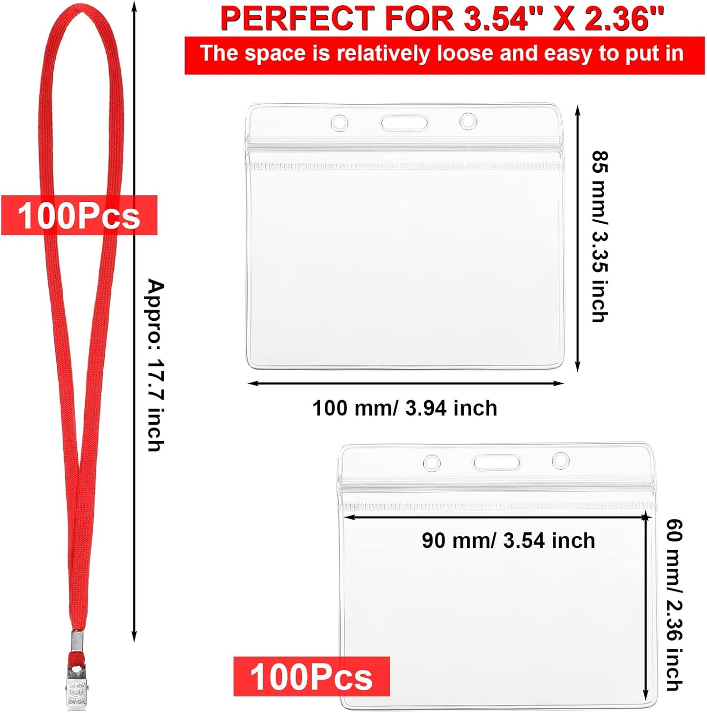 Marspark 100 Sets Clear Name Tags with Lanyard, Lanyards for ID Badges Reusable Strap with ID Holder Plastic Name Badges for Adults Business School Church Conference (Red)