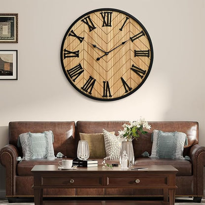 24 Inch Large Wall Clock Farmhouse Style - Brown Silent Non-Ticking Rustic Decor for Living Room, Kitchen, Bedroom