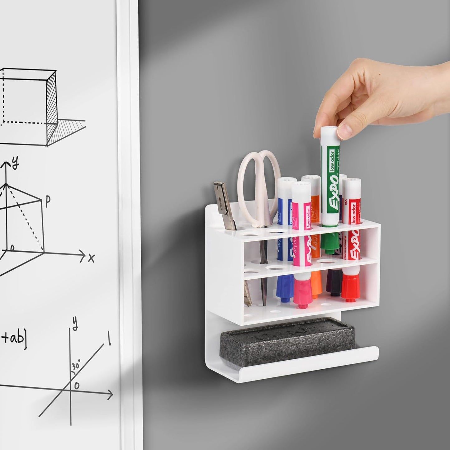 Dry Erase Marker Holder, 2 PCS Wall Mounted Acrylic Marker Holder with 10 Slots, Sticky Pen Storage for Classroom Organization, Whiteboard, Office, White