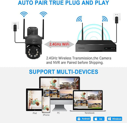 Wireless Security Camera System, 4pcs 3MP PTZ Cameras Outdoor Indoor, CKK WiFi Surveillance NVR System with Floodlights & Siren Alarm, 2 Way Audio, 24/7 Record, Expandable 10CH, No HDD
