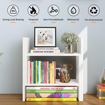 YSJILIDE Wood Adjustable Small Desktop Bookshelf, Expandable Storage Organizer, Organizer Office Storage Rack, Display Shelf Rack, Office Supplies Desk Organizer(White)