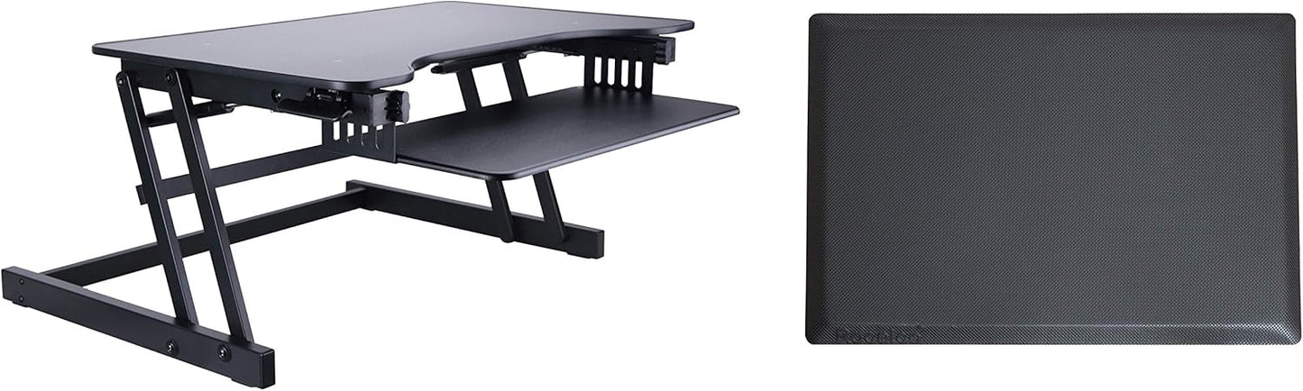 Rocelco 32" Height Adjustable Standing Desk Converter with Anti Fatigue Mat BUNDLE - Sit Stand Up Dual Monitor Riser - Computer Workstation - Large Retractable Keyboard Tray - Black (R ADRB-MAFM)