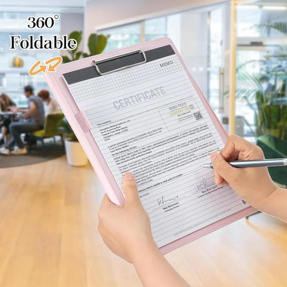 Portfolio Folder Padfolio with A4 Clipboard, PU Leather Portfolio Clipboard Business Binder Writing Clip Board Organizer for Legal Documents Business Card Men Women Pink