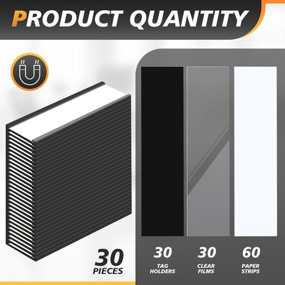 30 Pcs 6" x 2" Magnetic C Channel Label Holders with 60 Replacement White Paper and 30 Clear Plastic Films, Magnetic Cards Name Tags for Rack Shelf Warehouse Labels Accessories