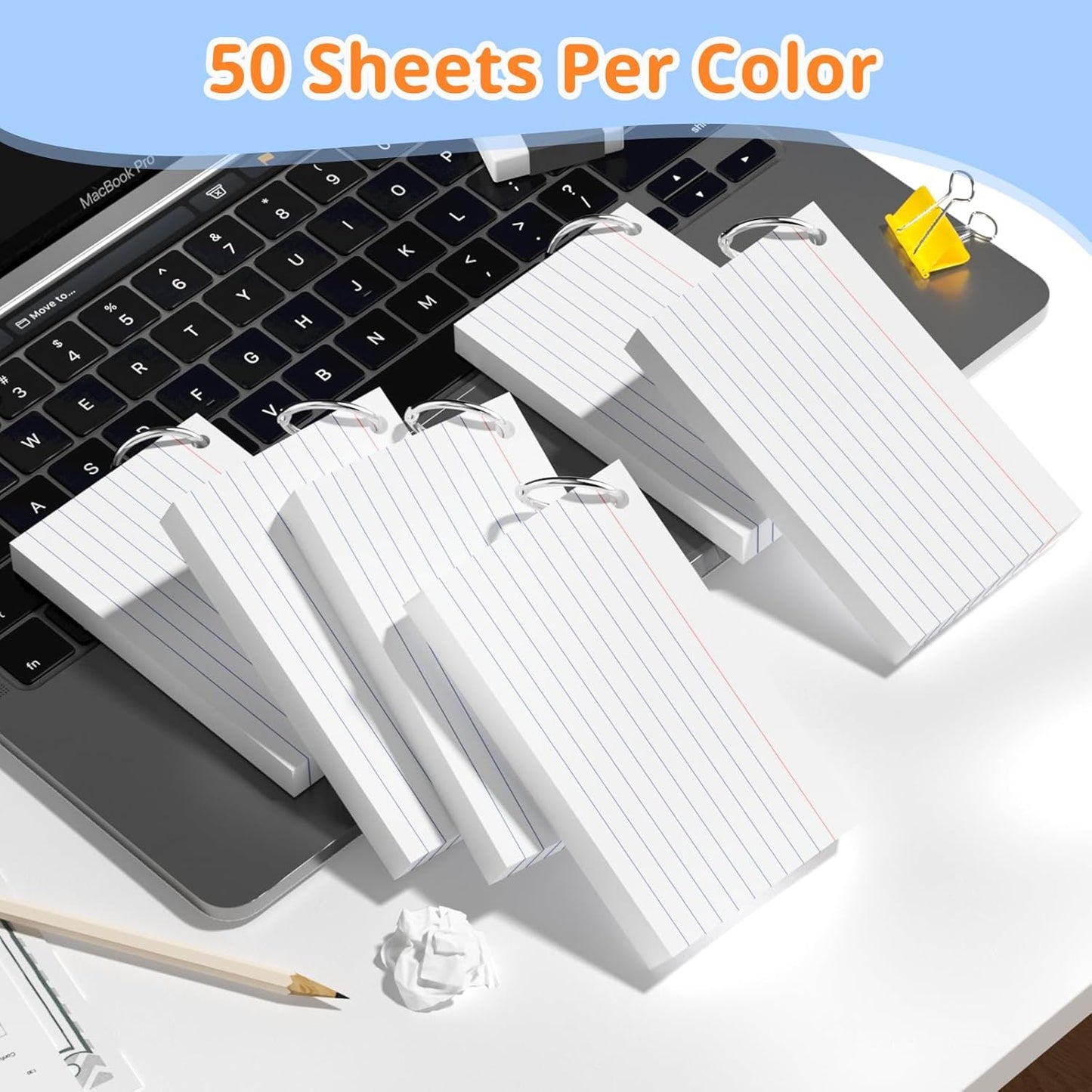 Index Cards 3x5 Inches, 300 PCS, White Flash Cards With Ring, Punched Lined Study Card Ruled Flashcards Notecards, Ruled Front And Blank Back, Note Card for School, College And Home