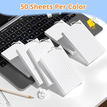 Index Cards 3x5 Inches, 300 PCS, White Flash Cards With Ring, Punched Lined Study Card Ruled Flashcards Notecards, Ruled Front And Blank Back, Note Card for School, College And Home