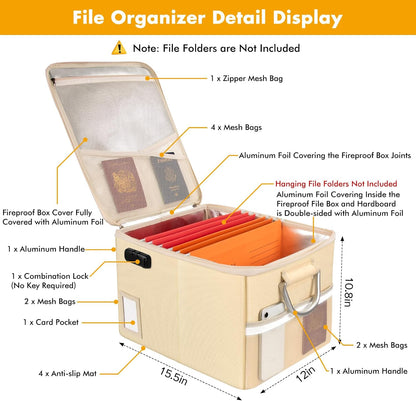 TOMKID 5200°F Fireproof Document Box, Fire Important Document Organizer with Lock, Upgraded Heat Insulated Filing Storage Cabinet Office Organization (5200°F Fireproof Box, Off-white)