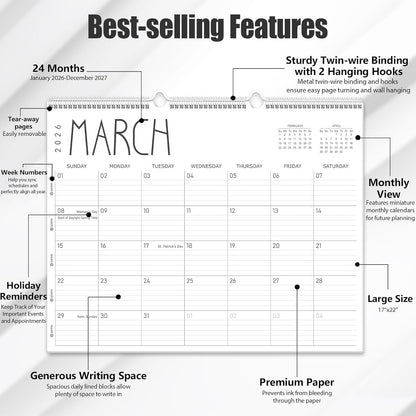 GuassLee Large Wall Calendar 2026-2027, 24-Month 22" x 17" Wall Calendar from Jan. 2026 to Dec. 2027, Large Desktop Hanging Monthly Planner with Thick Paper, Ruled Blocks for Home School Office
