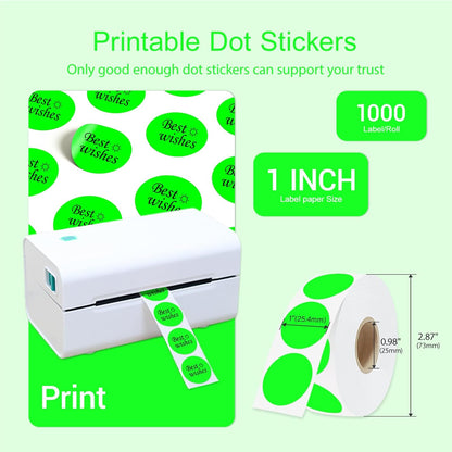 1 Inch Circle Dot Stickers 1000 PCS Color Coding Thermal Labels Dots Writable Printable Small Round Stickers for Office, Classroom, Inventory, Garage, Organizing Storage, Fluorescent Green