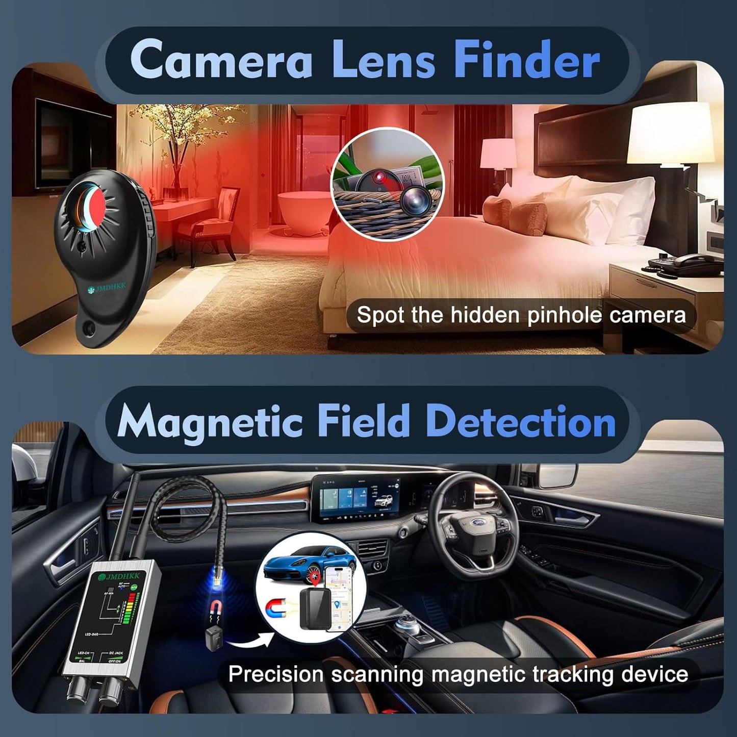 JMDHKK M8000 Hidden Camera Detector, Bug Detector,Camera Finder, Signal Detector for Hotels, Travels, Vehicles, Offices, Public Fitting Rooms (Silver)